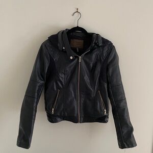 Fleece lined leather-style jacket with hood